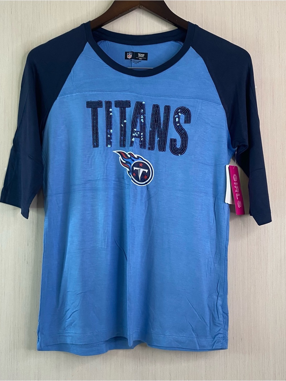 NFL Team Apparel Girls Youth Tennessee Titans Raglan Sequin Tee XL 14-16 NWT